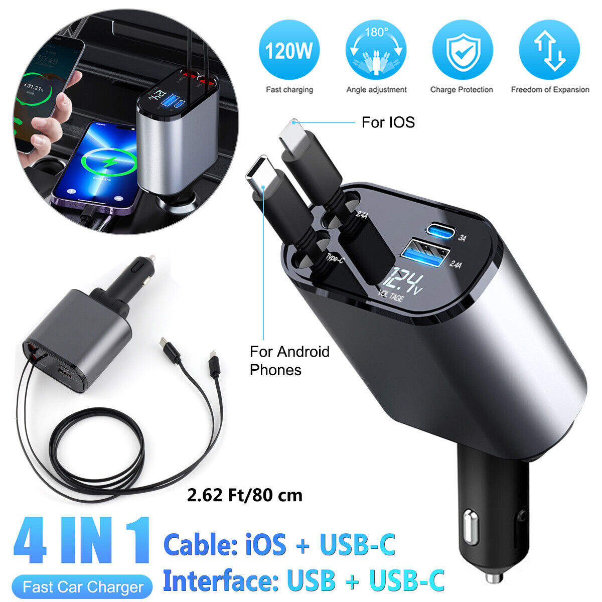 4-in-1 Car Phone Charger With Star Light